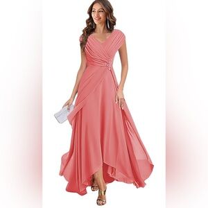 NWT Women's V Neck Mother of The Bride Dress Cap Sleeves Chiffon Pleated Coral